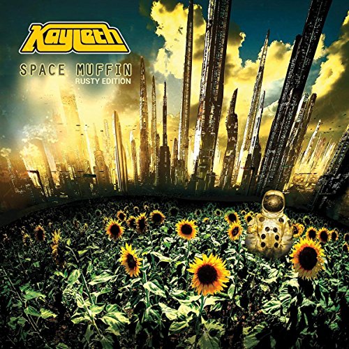 CD cover: futuristic cityscape with sunflowers and a small astronaut.