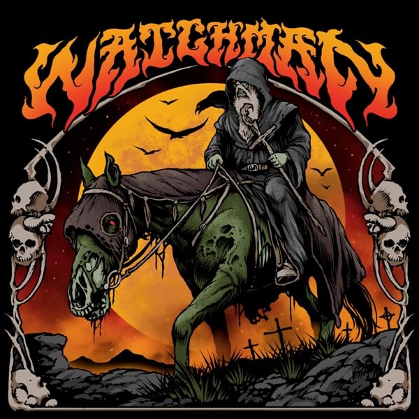 Grim reaper riding a skeletal horse under a full moon.