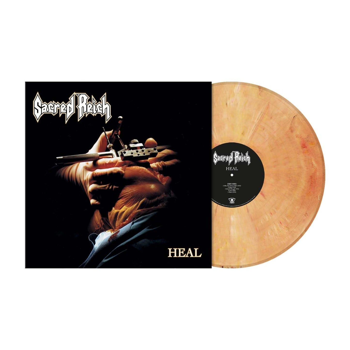 Sacred Reich Heal album cover art next to a marbled orange vinyl record.