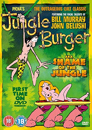 DVD cover for "Jungle Burger," featuring cartoon caveman and pin-up girl.