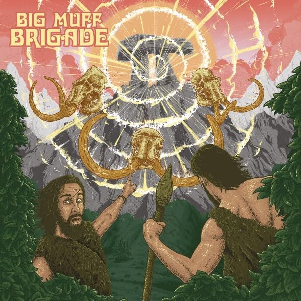 Two cavemen point at glowing mammoth skulls floating above a mountain peak.