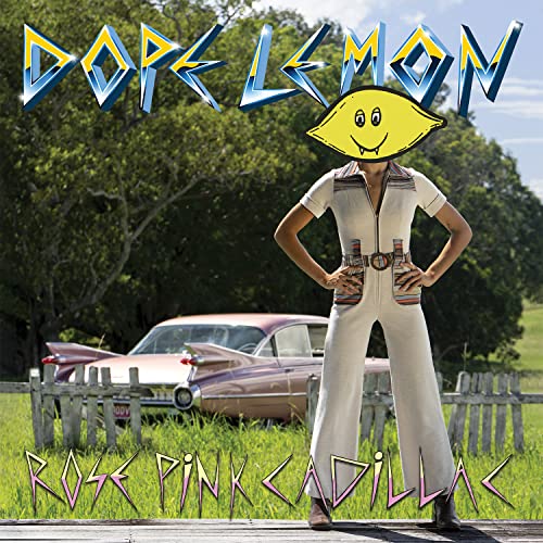 Album cover: lemon-headed figure in jumpsuit with pink classic car.