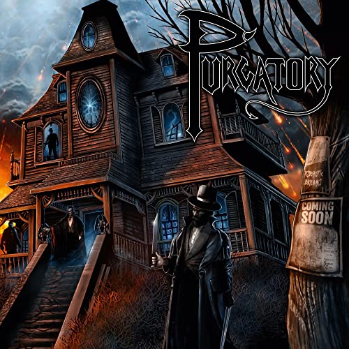 Haunted Victorian house with shadowy figures and ornate “Purgatory” lettering.