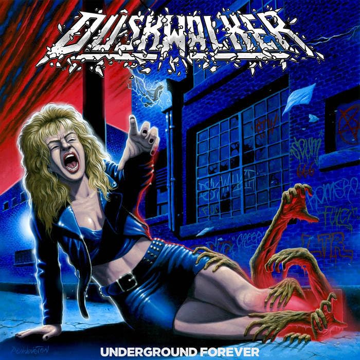 CD cover: painted scene of a woman and clawed figure in a city.