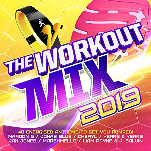 CD cover for “The Workout Mix 2019” with bright colors and text.