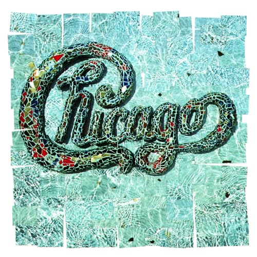 Chicago" album cover with mosaic lettering on a cracked tile background.
