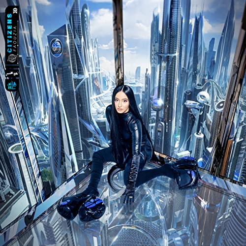 Faouzia album cover: woman in black suit amidst futuristic cityscape.