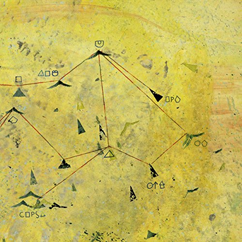 Yellow abstract album cover with geometric shapes and connecting red lines.