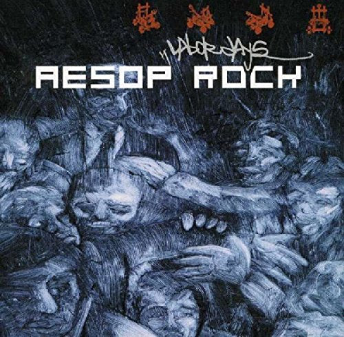 Aesop Rock's "Labor Days" CD cover: grayscale figures in chaotic, textured artwork.
