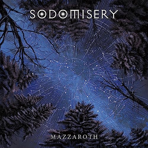 Blue and black album cover with celestial map and tree branches.