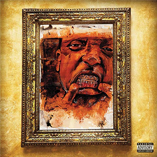 Painted portrait in ornate gold frame, with visible teeth and parental advisory label.