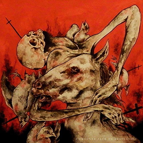 Distorted watercolor painting of a skull, horse head, and birds, pierced by crosses.