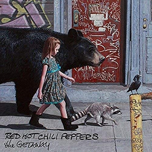 Red Hot Chili Peppers album cover: bear, girl, raccoon, and graffiti.