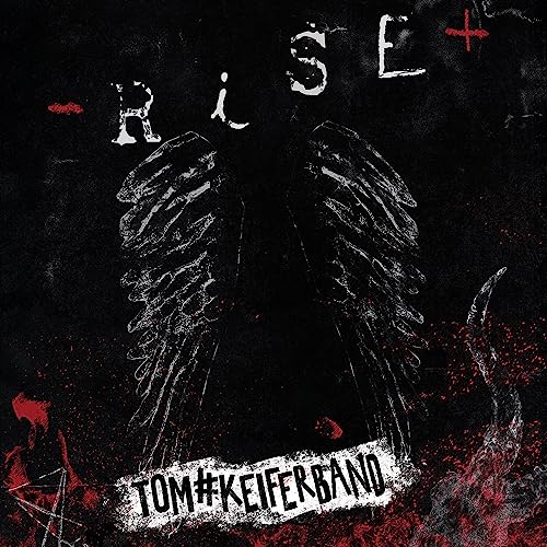 Album cover for Tom Keifer’s “Rise” featuring black wings and red accents.