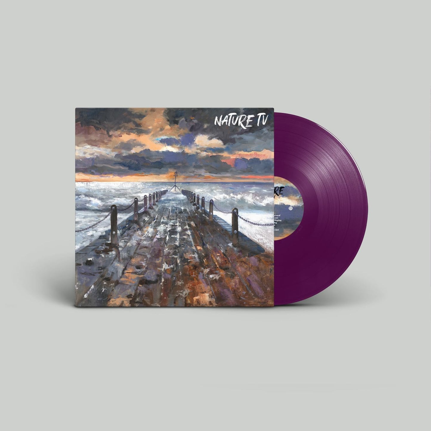 Vinyl record with painted seascape cover and transparent purple disc.