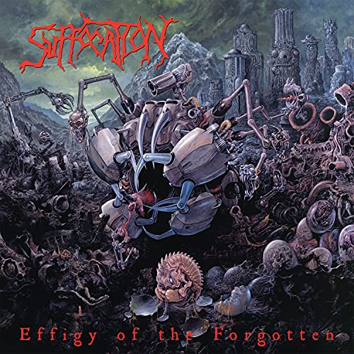 Suffocation album cover: dystopian landscape with robotic and skeletal figures.