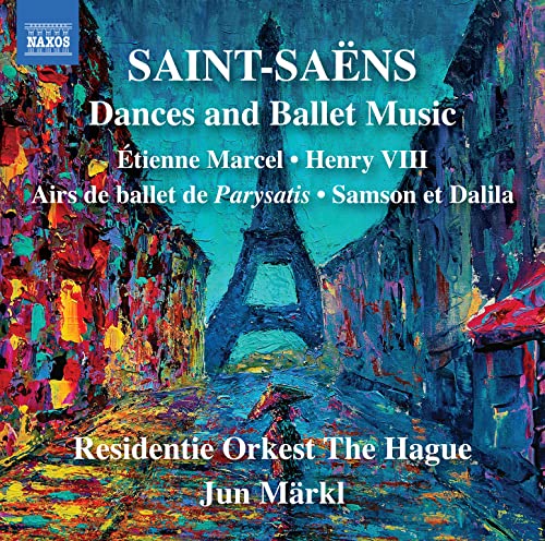 CD cover for Saint-Saëns’ dances and ballet music, featuring the Eiffel Tower.