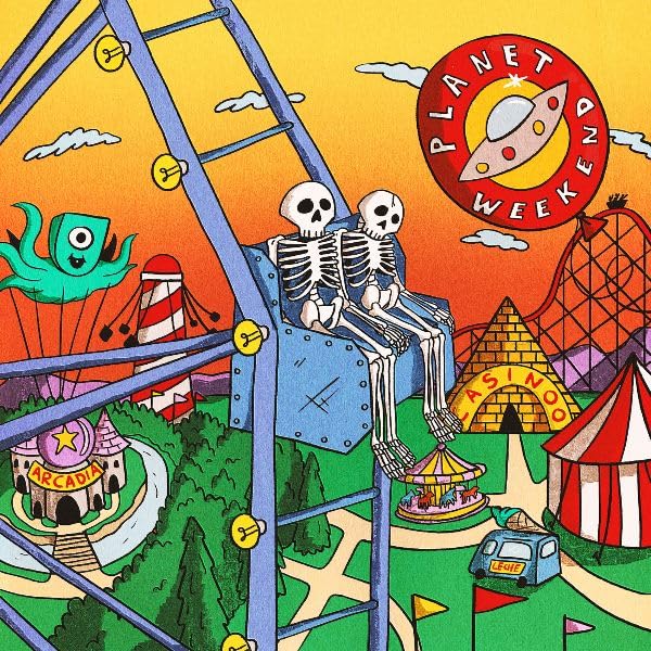 Colorful illustration of skeletons on a carnival ride with a rocket.