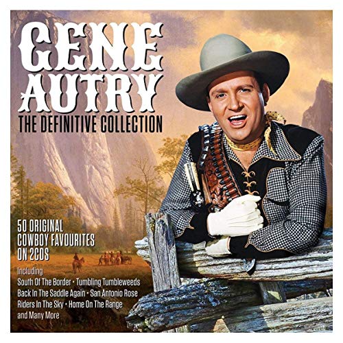 Gene Autry wearing a cowboy hat and outfit, leaning on a wooden fence.