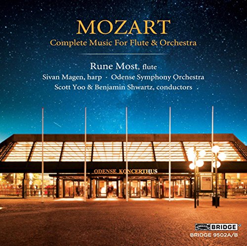 CD cover for Mozart’s flute music featuring a concert hall at dusk.