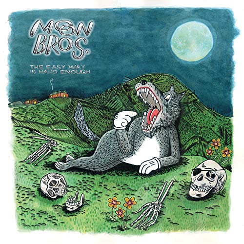 Album cover: werewolf relaxing on a hill with skeletons and a moon.