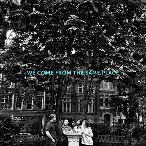 Black and white album cover with trees, a building, and four people.