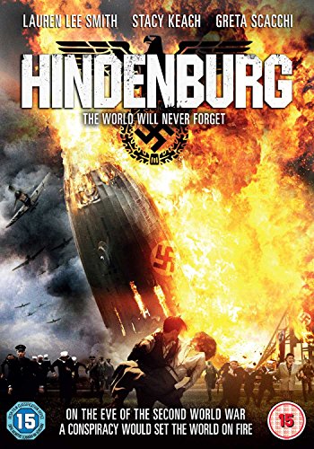 Burning airship Hindenburg with people in foreground, DVD cover art.