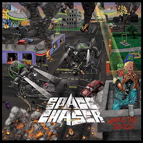 Sci-fi album cover depicting robots, destruction, and a person in a city.