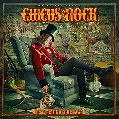 Album cover: clown in red suit relaxing in a vintage chair.