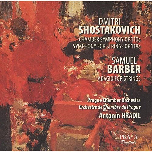 CD cover featuring red abstract art and composer names: Shostakovich, Barber.