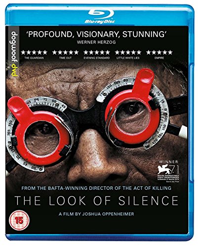 Blu-ray cover for "The Look of Silence" featuring a man with an optometry device.