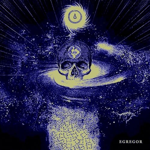 Blue and white album cover featuring a skull with cosmic imagery.