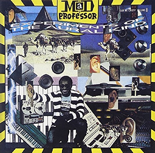 CD cover with collage of musical equipment, ears, and a man playing drums.