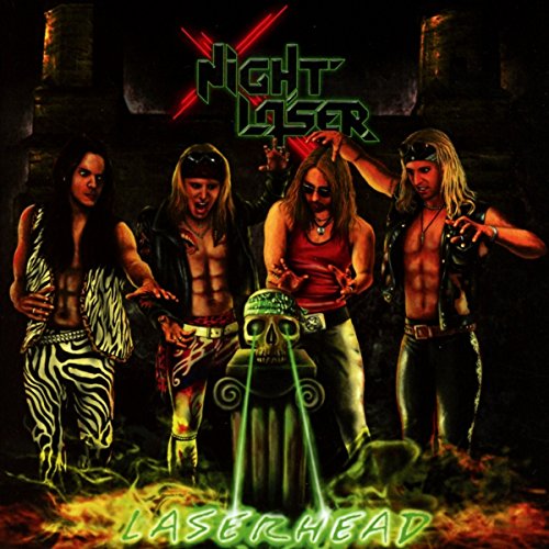 1980s-style hair metal band posing with a skull and laser beams.
