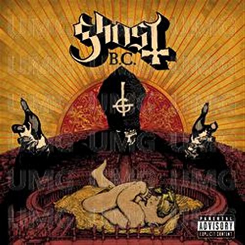Ghost B.C. Infestissumam album cover featuring a dark figure over a baby on gold.