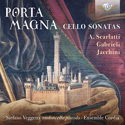 CD cover: "Porta Magna" cello sonatas with a painted city image.