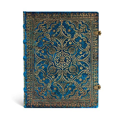 Blue journal with ornate gold detailing and a clasp closure.