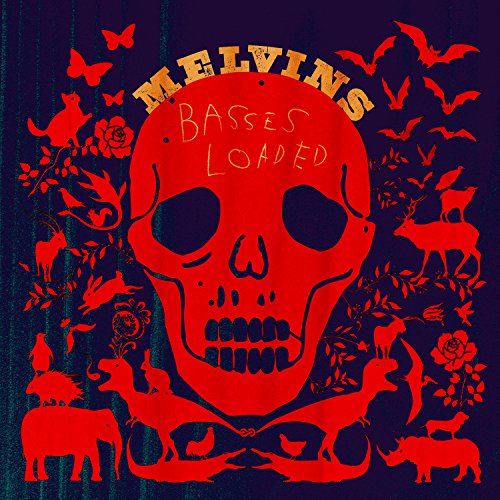Red skull surrounded by animal silhouettes on a dark purple background.