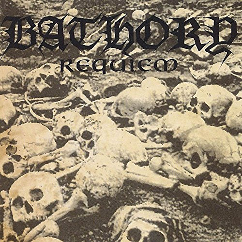 Bathory album cover, "Requiem," featuring a pile of skulls in sepia tones.