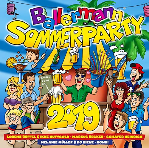 Cartoon CD cover for "Ballermann Sommerparty 2019" with partygoers and drinks.