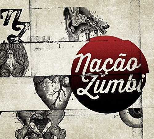 Nação Zumbi album cover with anatomical illustrations and a red circle.