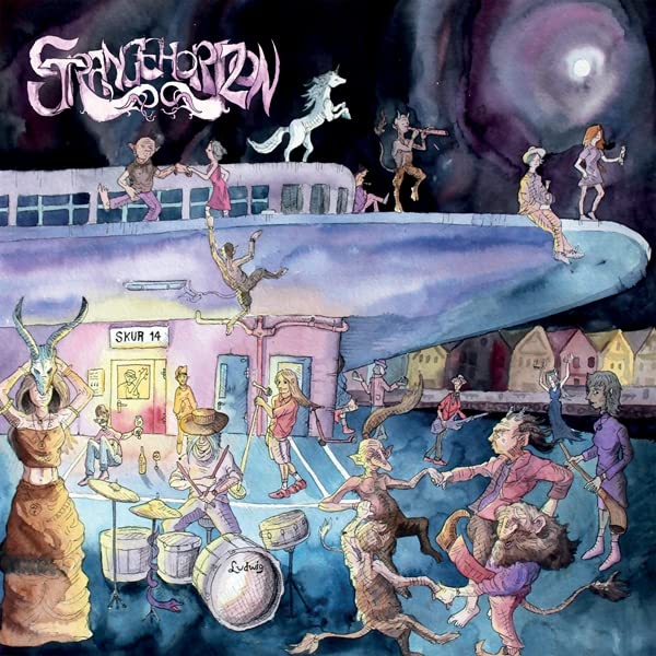 Painted CD cover for "Strange Horizon - Skur 14" featuring whimsical figures.