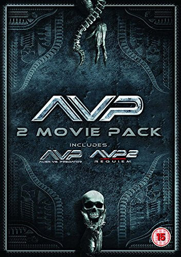 Alien vs. Predator 2-movie DVD pack cover with metallic text and a human skull.