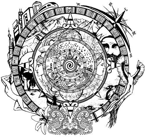 Black and white circular illustration with detailed landscapes and figures.