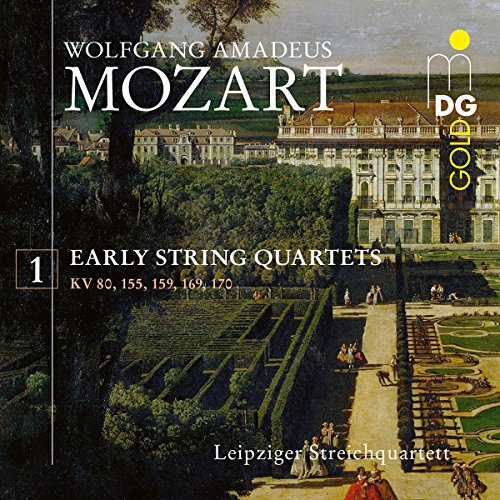 CD cover for Mozart's Early String Quartets, featuring a palace garden.