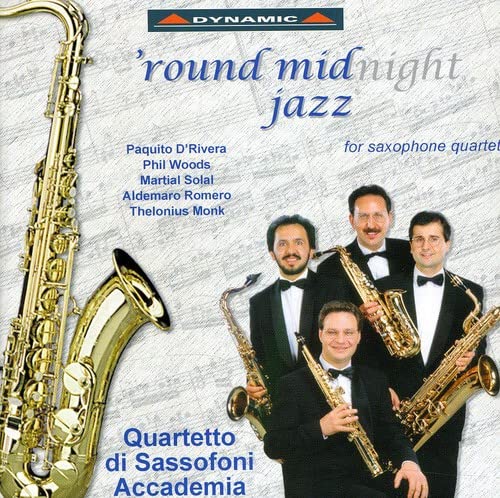 CD cover featuring four musicians with saxophones, titled “Round Midnight Jazz”.