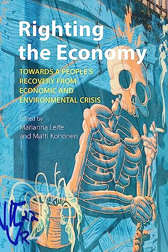 Book cover: “Righting the Economy” with skeletal figure and blue background.