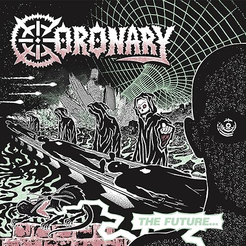 Coronary album cover: dark figures, futuristic grid, and unsettling imagery.