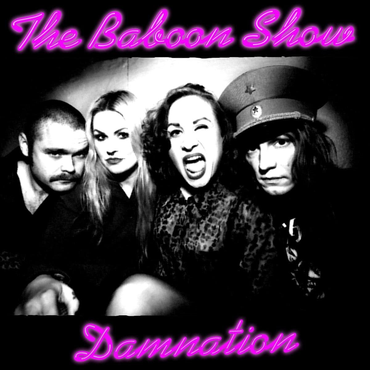 Black and white photo of four band members with pink neon text.