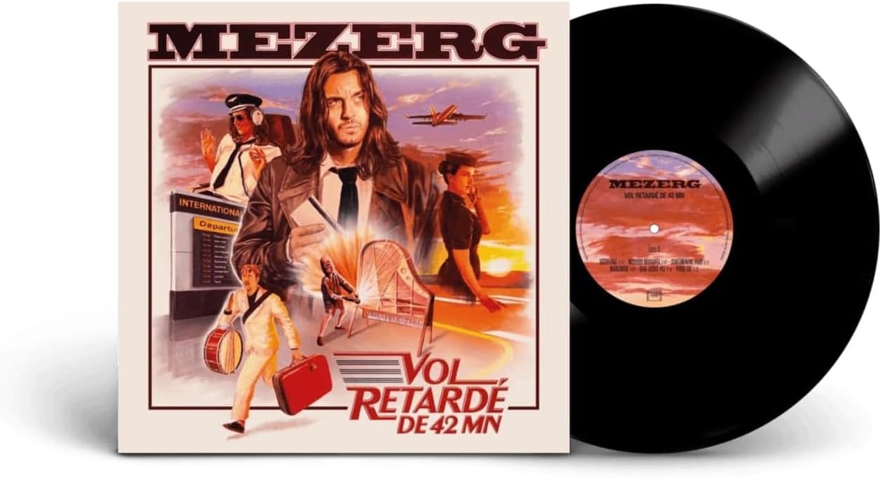 Vinyl record with cover art featuring a man and airplane scene.